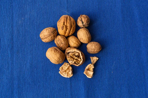 Čerstvé Vlašské Ořechy Juglans Regia Otevřenou Skořápkou Modrém Pozadí — Stock fotografie
