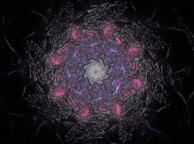 Soyut bir bilgisayar koyu arkaplanda modern fraktal tasarım üretti. Soyut fraktal renk dokusu. Dijital sanat. Soyut Form ve Renkler. Tasarımınız için soyut fraktal element deseni. Dinamik şekilli yumuşak renk üçgeni spirali