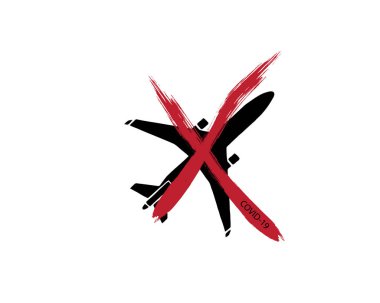 COVID-19 riskleri için seyahati durdurun. Coronavirus önleme. Roman Corona Virüsü Hastalığı COVID-19, 2019-NCoV, MERS-Cov. Coronavirus koruması. Vektör çizimi. Dur sembollü uçak