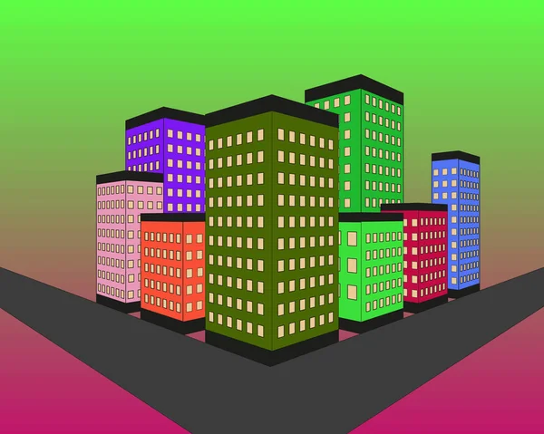 Vektorová Ilustrace Nočního Města Budovami Mraky Měsícem Obloze Pozadí Cityscape — Stockový vektor