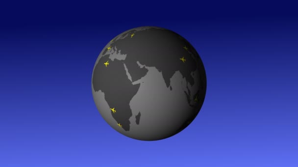 Cinza Brilhante Mapa Mundo Com Aviões Animação Plana Trajetórias Voo — Vídeo de Stock