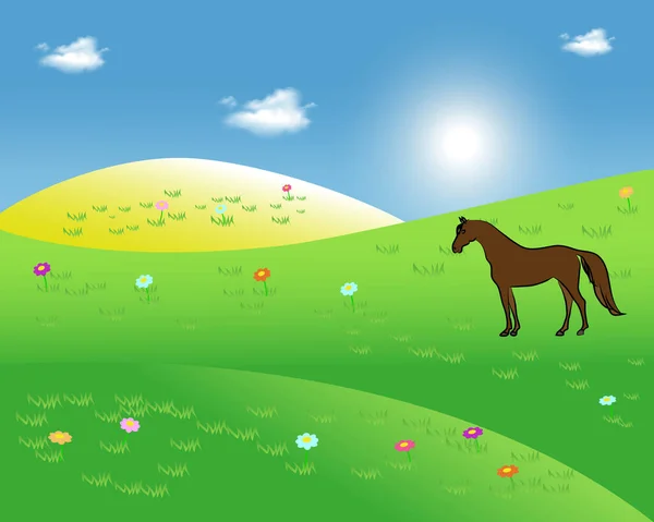 Landschap Met Paarden Wolken Paard Silhouet Grasland Glooiende Heuvels Illustratie — Stockvector