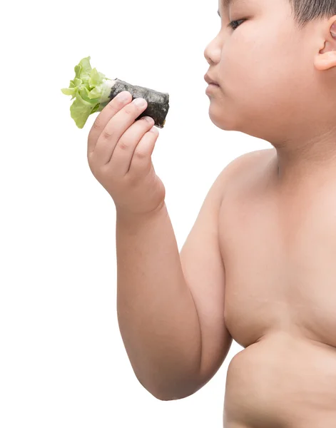 Rollo de ensalada en mano niño gordo aislado sobre fondo blanco — Foto de Stock