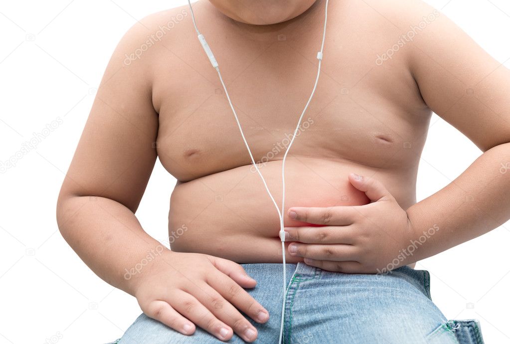 Hand fat boy touch on his belly isolated, stomachache Stock Photo