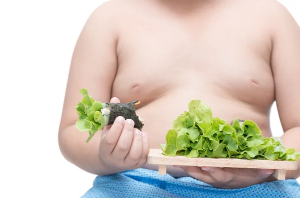 Rolo de salada na mão menino gordo isolado — Fotografia de Stock