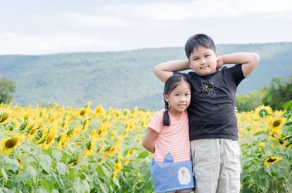 Bonito menina e menino abraçando diversão no campo de girassol — Fotografia de Stock