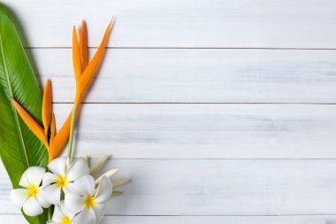 Heliconia ve plumeria çiçekli Beyaz ahşap doku