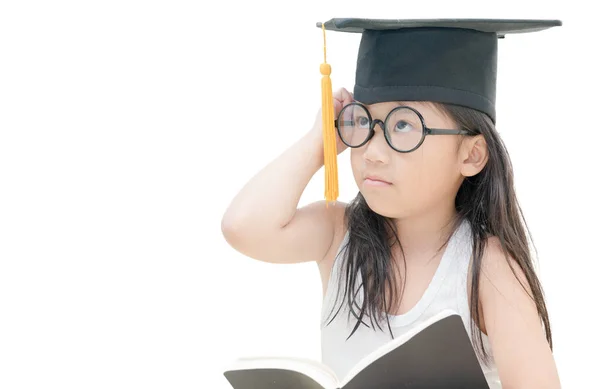 School kid graduate thinking with graduation cap isolated — Stock Photo, Image