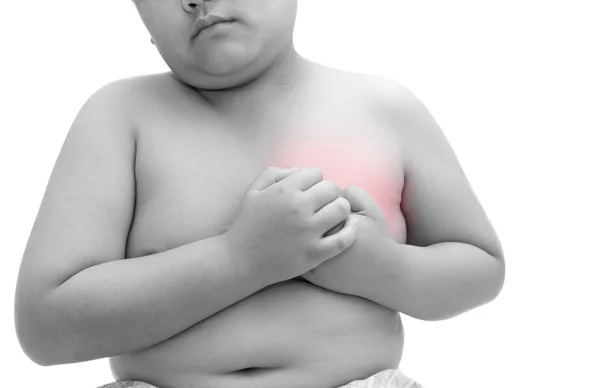 Obese fat boy is clutching him chest, acute pain possible heart — Stock Photo, Image