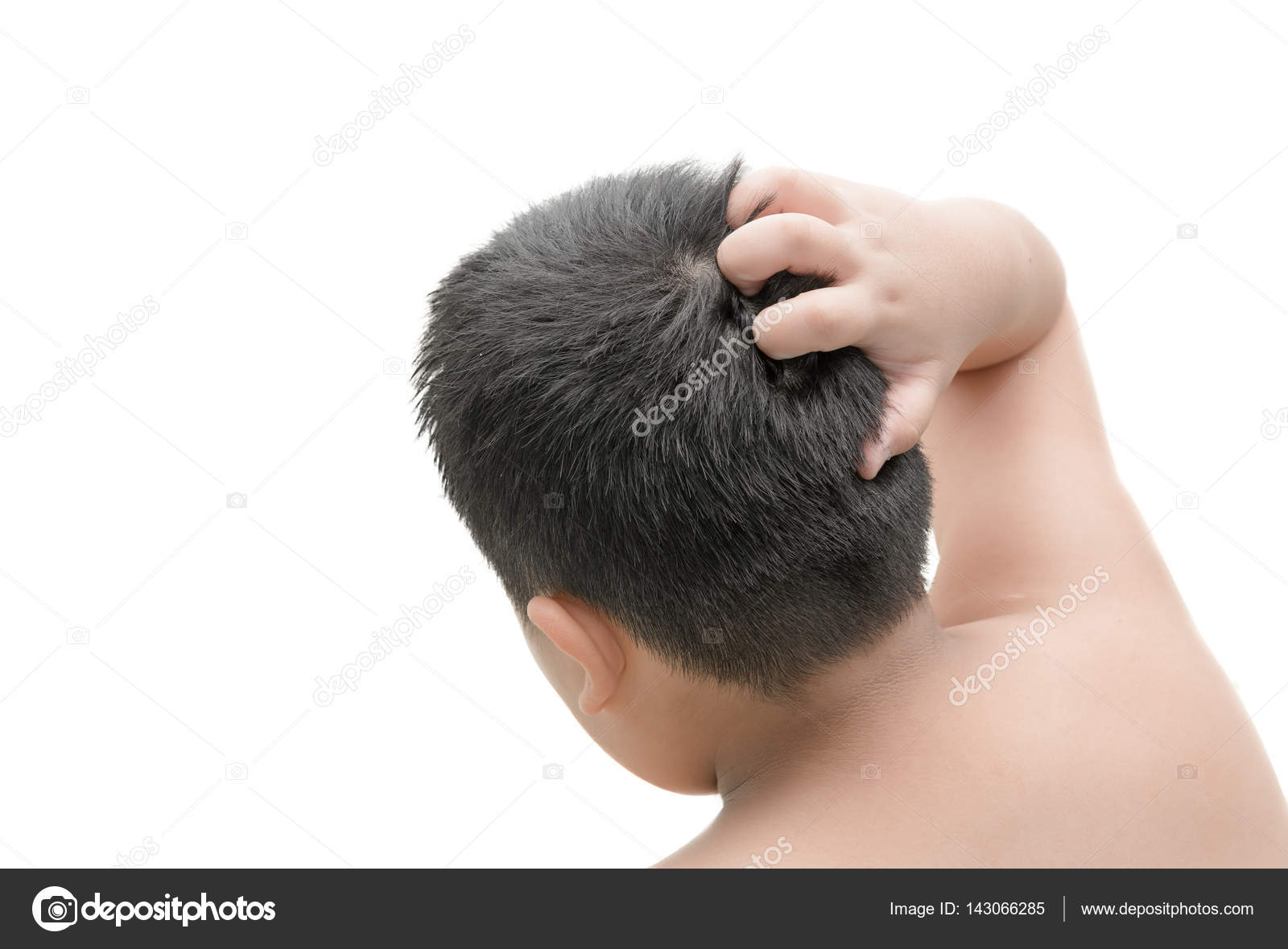 Closeup Boy Hand Itchy Scalp Isolated On White Stock Photo
