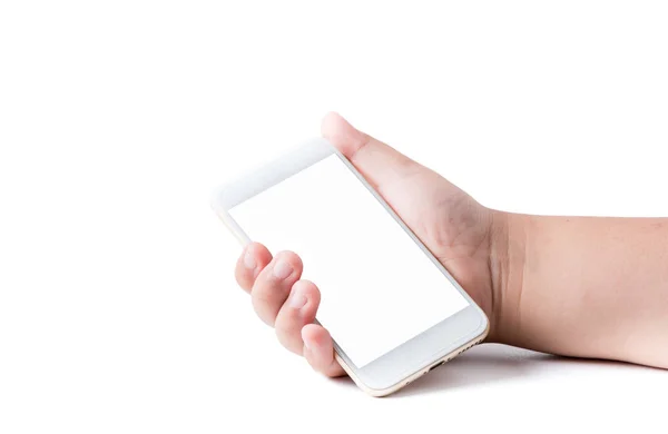 Mobile phone in boy hand with white blank touchscreen — Stock Photo, Image