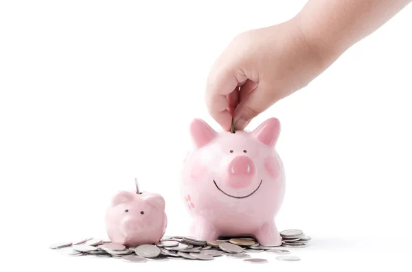 Pequena mão colocar moeda para porquinho banco isolado — Fotografia de Stock