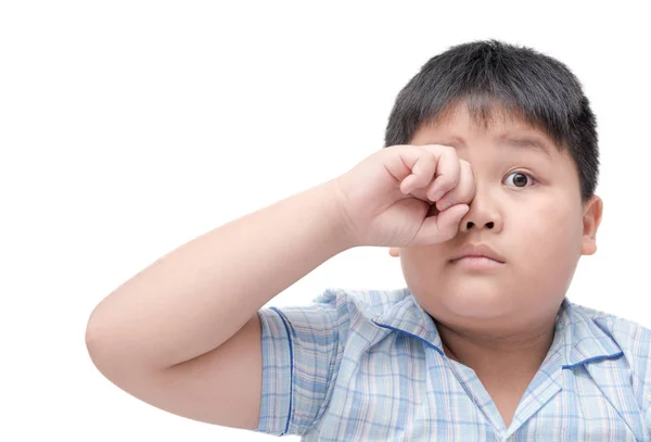 Obese boy itchy his eyes because dust in eye — Stock Photo, Image
