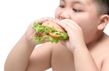 domuz eti hamburger izole obez şişman çocuk el arka plan üzerinde
