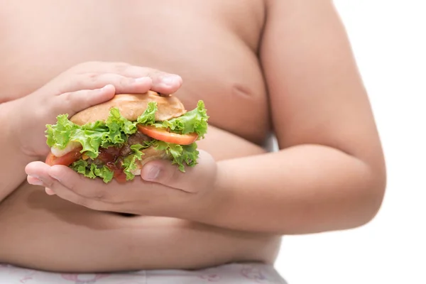 Varkensvlees hamburger op zwaarlijvige vet jongen hand achtergrond geïsoleerd — Stockfoto