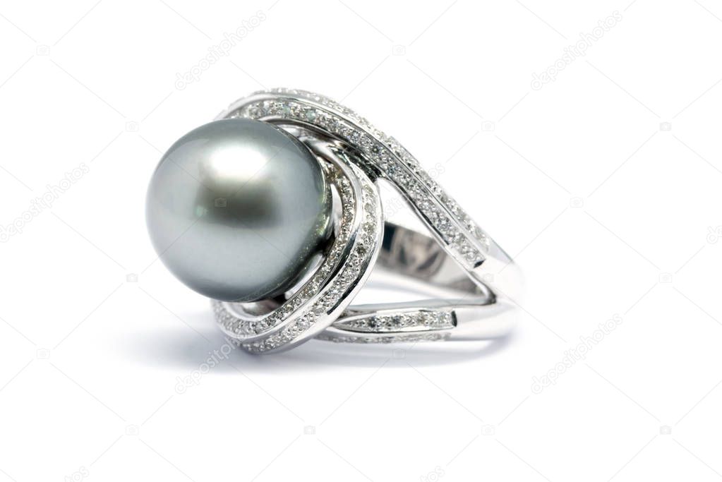 dark pearl with diamond and gold platinum ring isolated 
