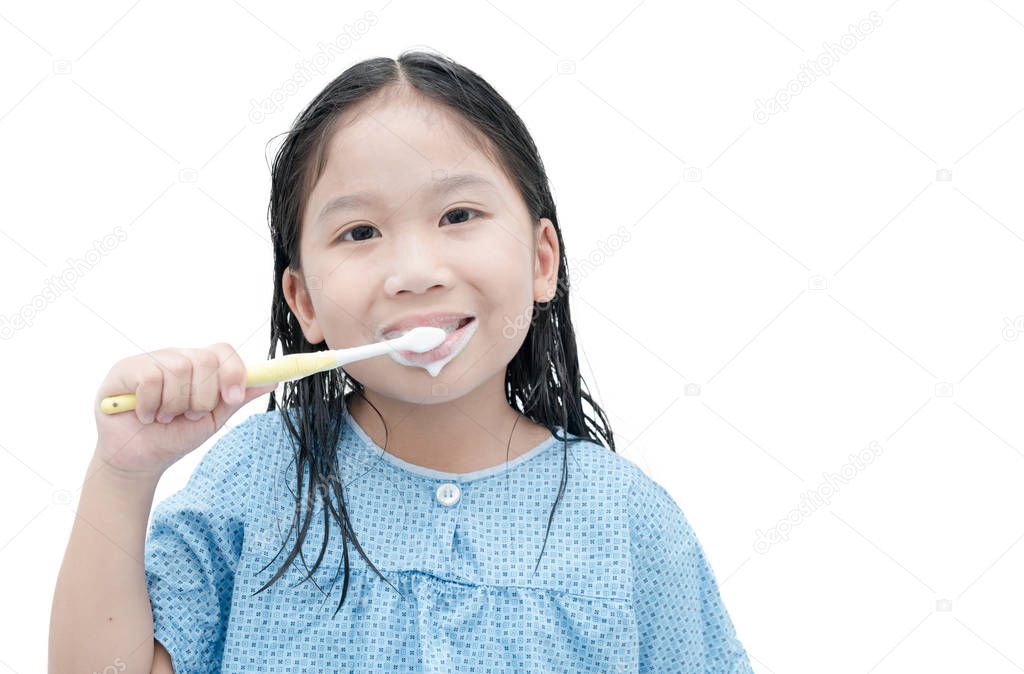 cute girl brushing teeth in morning isolated 