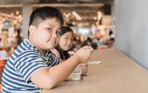 Fettleibige Geschwister essen Lunchpaket im Food Court — Stockfoto