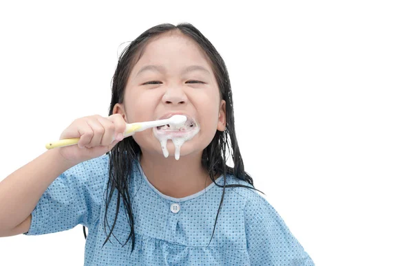 Bonito menina escovação dentes de manhã isolado — Fotografia de Stock