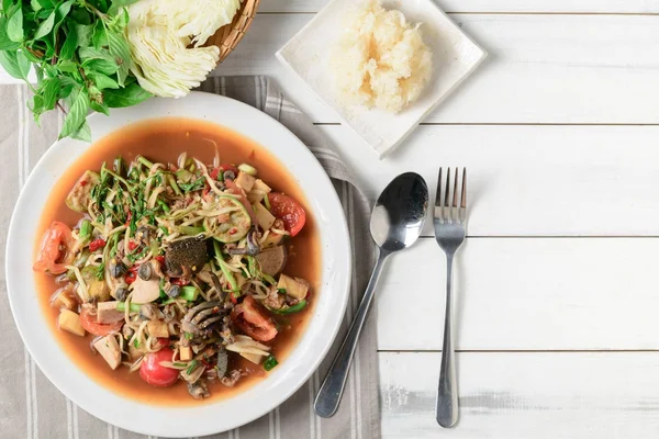 Thai Spicy papaya salad with pork sausage, Salted crab, scald sn — Stock Photo, Image