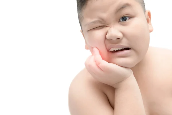 Obese asian fat boy suffering from toothache isolated — Stock Photo, Image