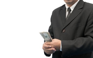 Para nakit dolar izole elinde tutan işadamı 