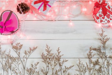 Noel ışıkları hediye kutusu ve kuru çiçek 