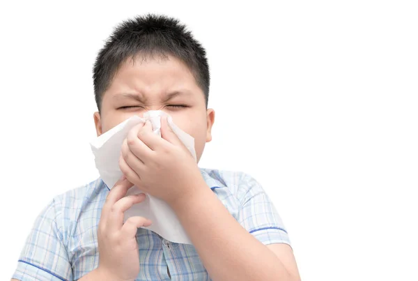 Niño obeso tiene alergia a la nariz, gripe estornudos nariz aislada —  Fotos de Stock