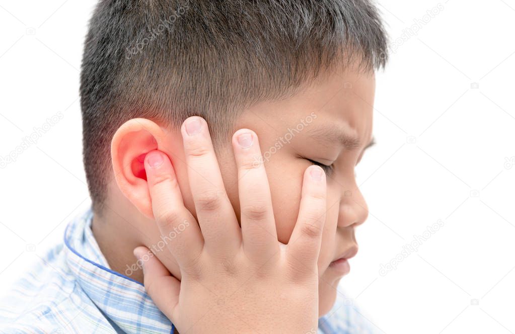 Obese fat boy touching his painful ear isolated 