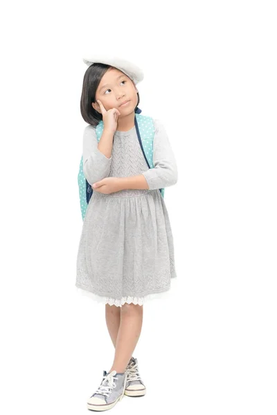 Roztomilý asijský malá dívka stojan myšlení, izolované — Stock fotografie