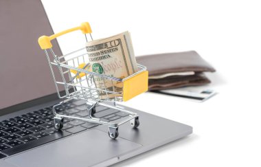 Para Doları nakit banknot arabası alışveriş sepeti içinde 