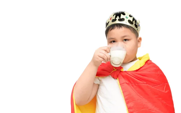 Carino obeso ragazzo bere latte isolato — Foto Stock