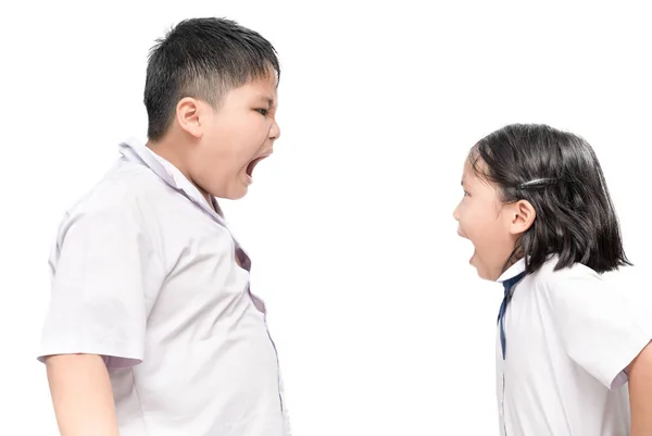Irmão e irmã gritando uns aos outros, isolados — Fotografia de Stock