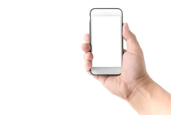 Hand affärsman håll mobiltelefon med vit skärm — Stockfoto