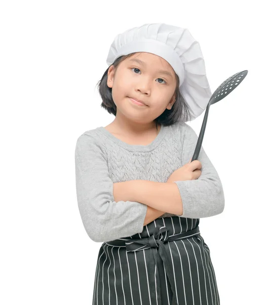 Bonito menina chef segurar utensílios cozinhar isolado — Fotografia de Stock