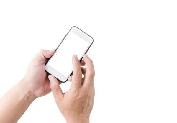 Hand man håller mobiltelefon och tryck på skärmen — Stockfoto