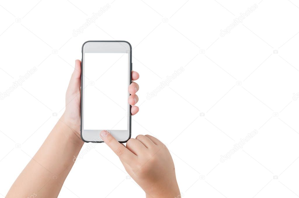 child hand hold mobile phone and touch on screen 