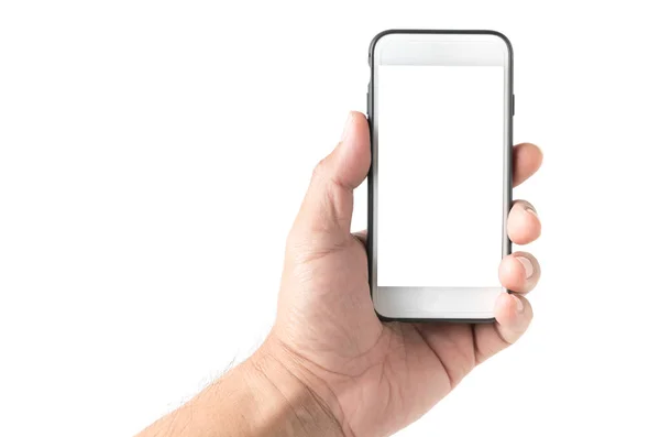 Hand man håller mobiltelefonen med vit skärm — Stockfoto