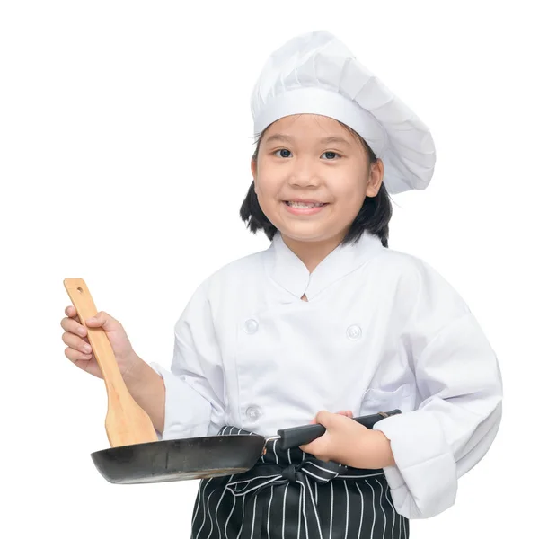 Feliz asiático menina chef segurando cozinhar utensílios — Fotografia de Stock