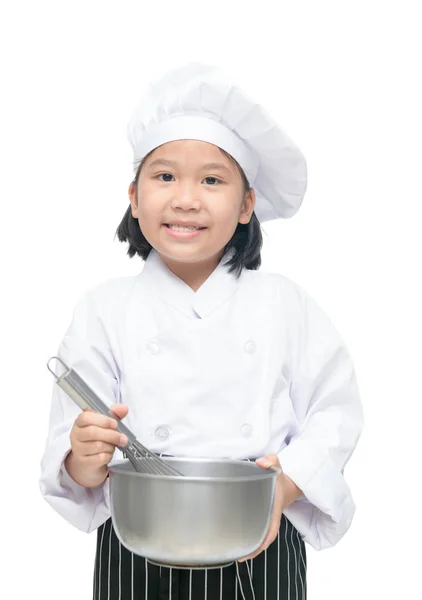 Bonito asiático menina chef segurando whisk com tigela um — Fotografia de Stock