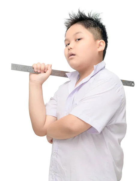 Boy Gangster Student Holding Steel Ruler Isolated White Background Bad — Stock Photo, Image