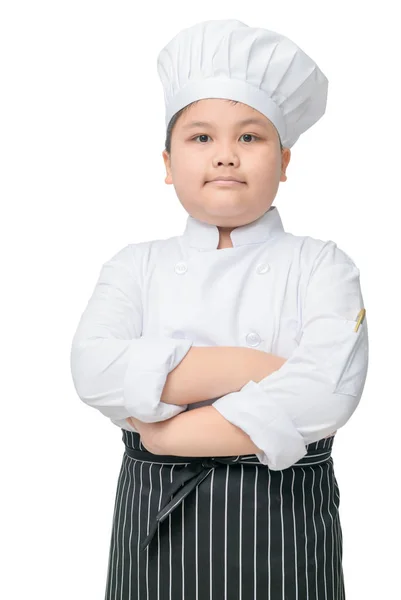 Retrato de chef menino gordo com chapéu de cozinheiro e avental — Fotografia de Stock