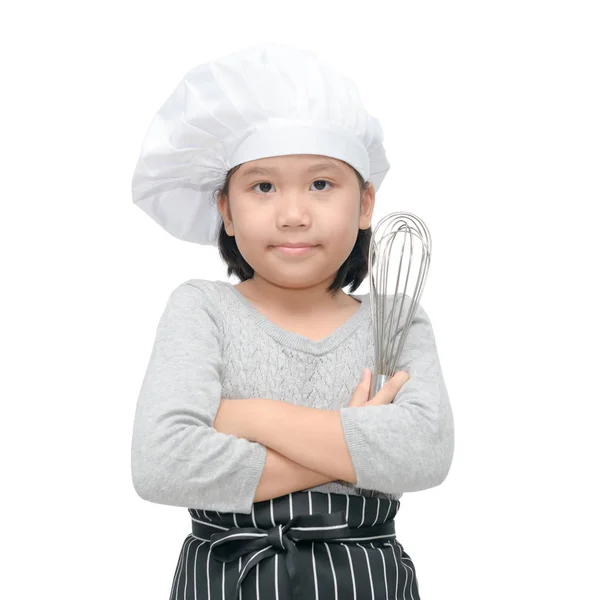 Feliz asiático menina chef segurando cozinhar utensílios — Fotografia de Stock