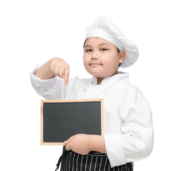 Asian boy chef in uniform cook holding blackboard — Stock Photo, Image