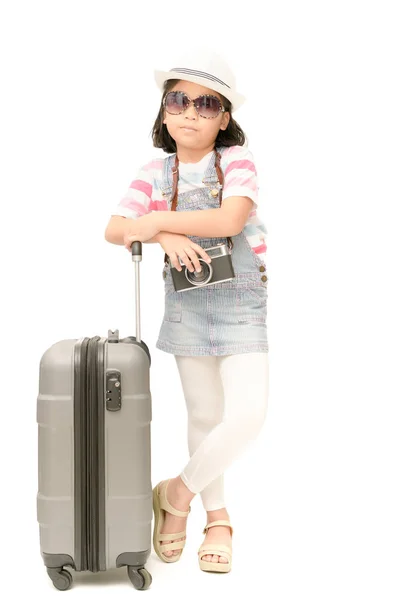 Podróżnik szczęśliwy dziewczyna z walizką. — Zdjęcie stockowe