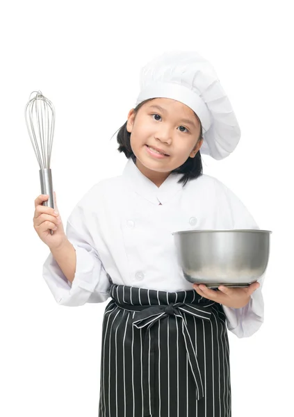 Cute asian girl chef holding whisk with bowl — Stock Photo, Image