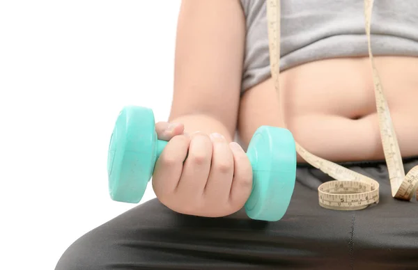 Obese fat boy holding dumbbell isolated — Stock Photo, Image