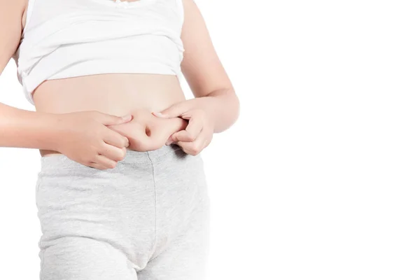 Gordura acima do peso menina beliscando sua gordura barriga — Fotografia de Stock