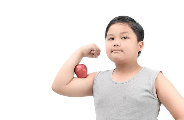 Guapo obeso gordito mostrar músculo con manzana — Foto de Stock