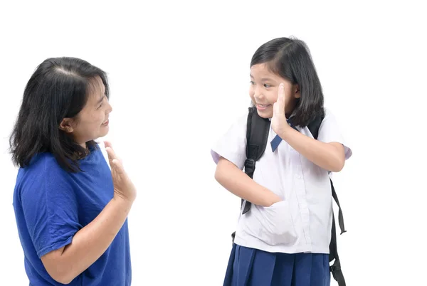 Student going to school and waving goodbye to her mother — Stock Photo, Image